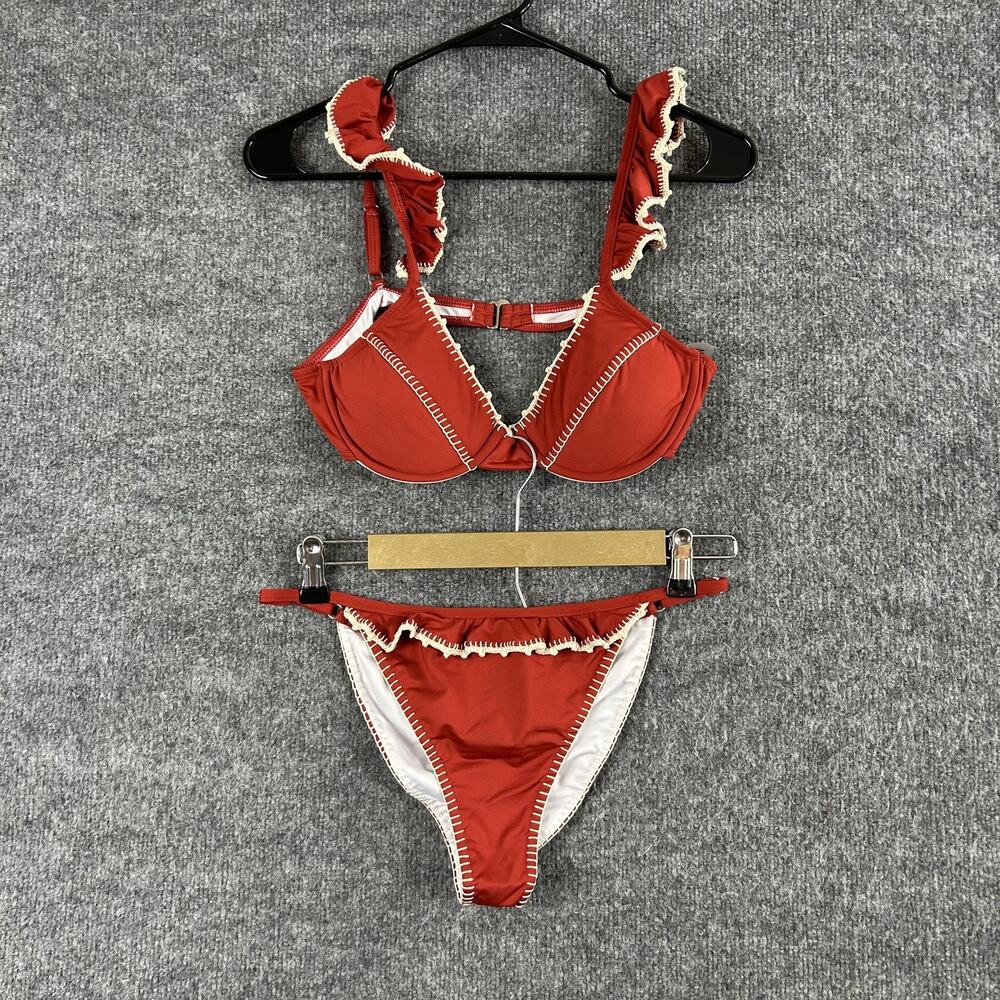 Capittana Bikini Set Large Ruffle Strap Red Contrast Trim Beach Resort Vacation